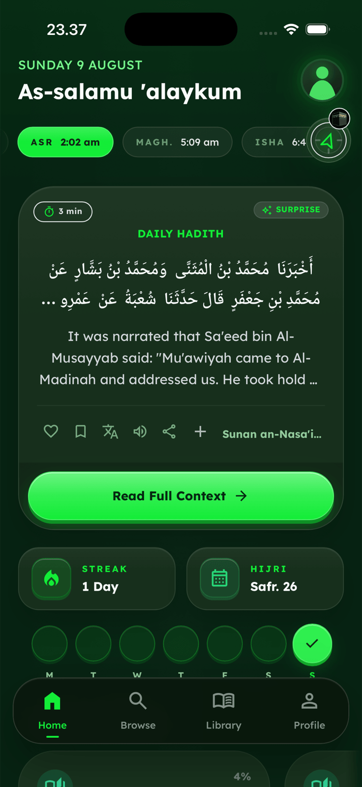 Hadithy home screen with the daily hadith