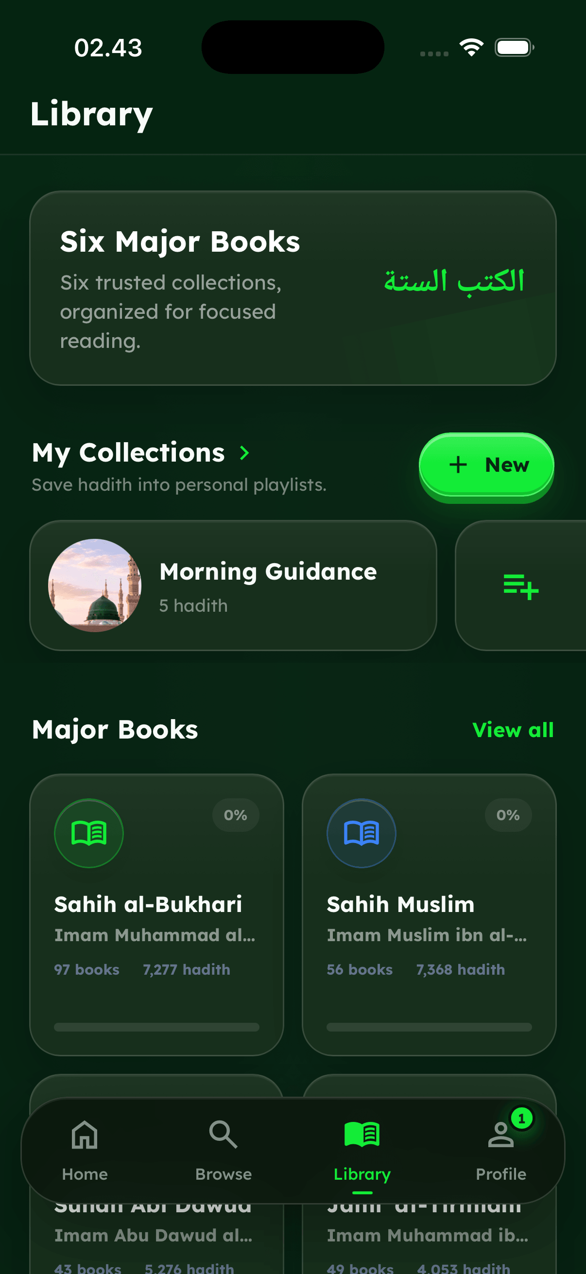 Hadithy library showing the Morning Guidance collection with a bright Madinah morning cover